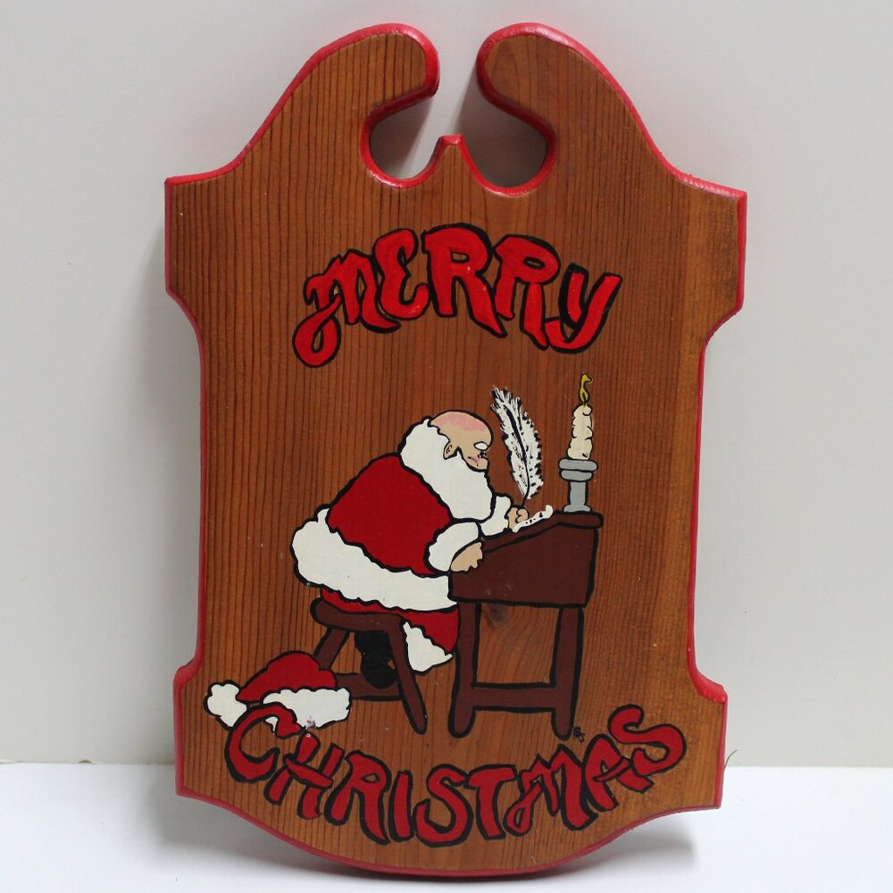 Merry Christmas Wall Hanging Wood Plaque With Santa Seated Penning a Letter